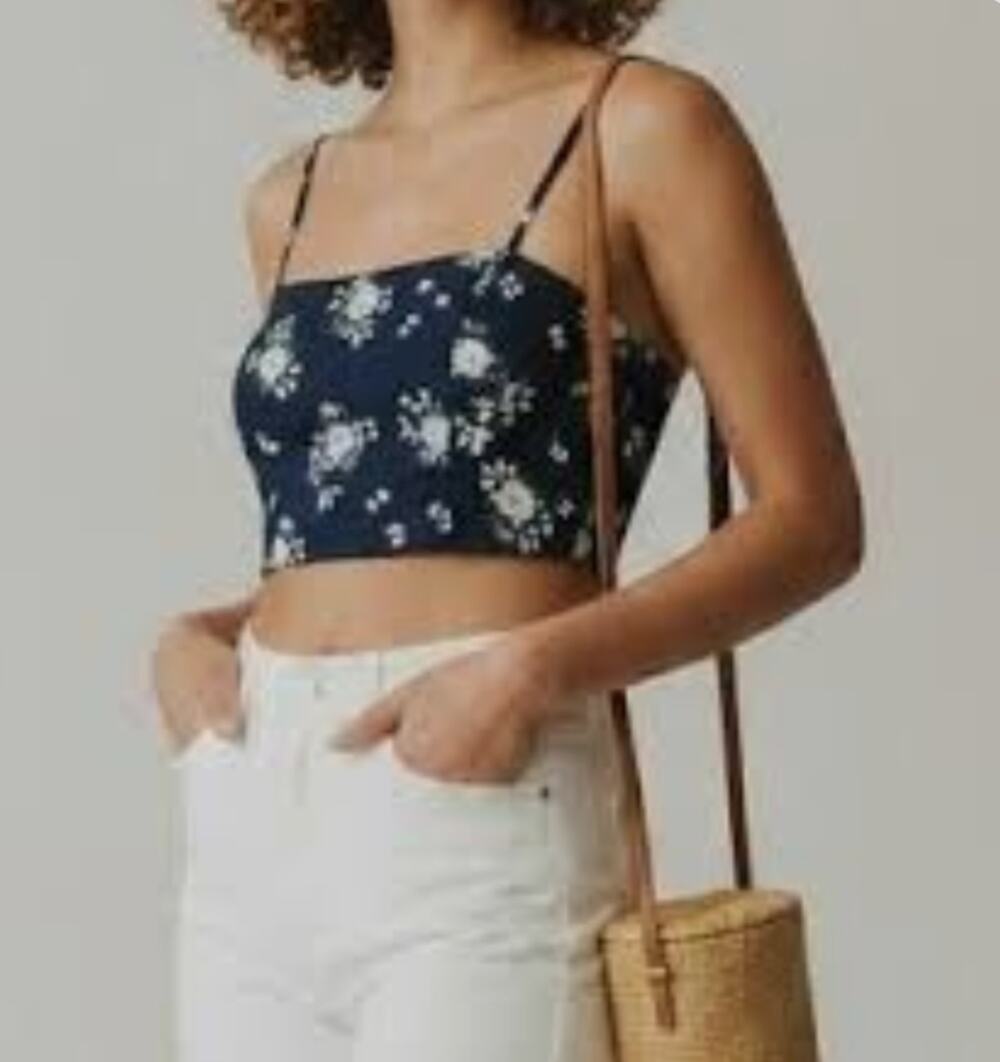 House of Harlow 1960 Floral Navy Blue Cropped Halter Top Sz L Festival Boho Y2K